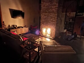 Smart TV, fireplace, books
