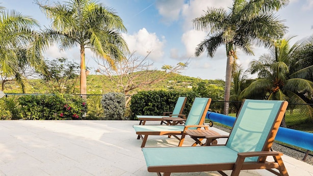 A poolside area with lounge chairs and palm trees.