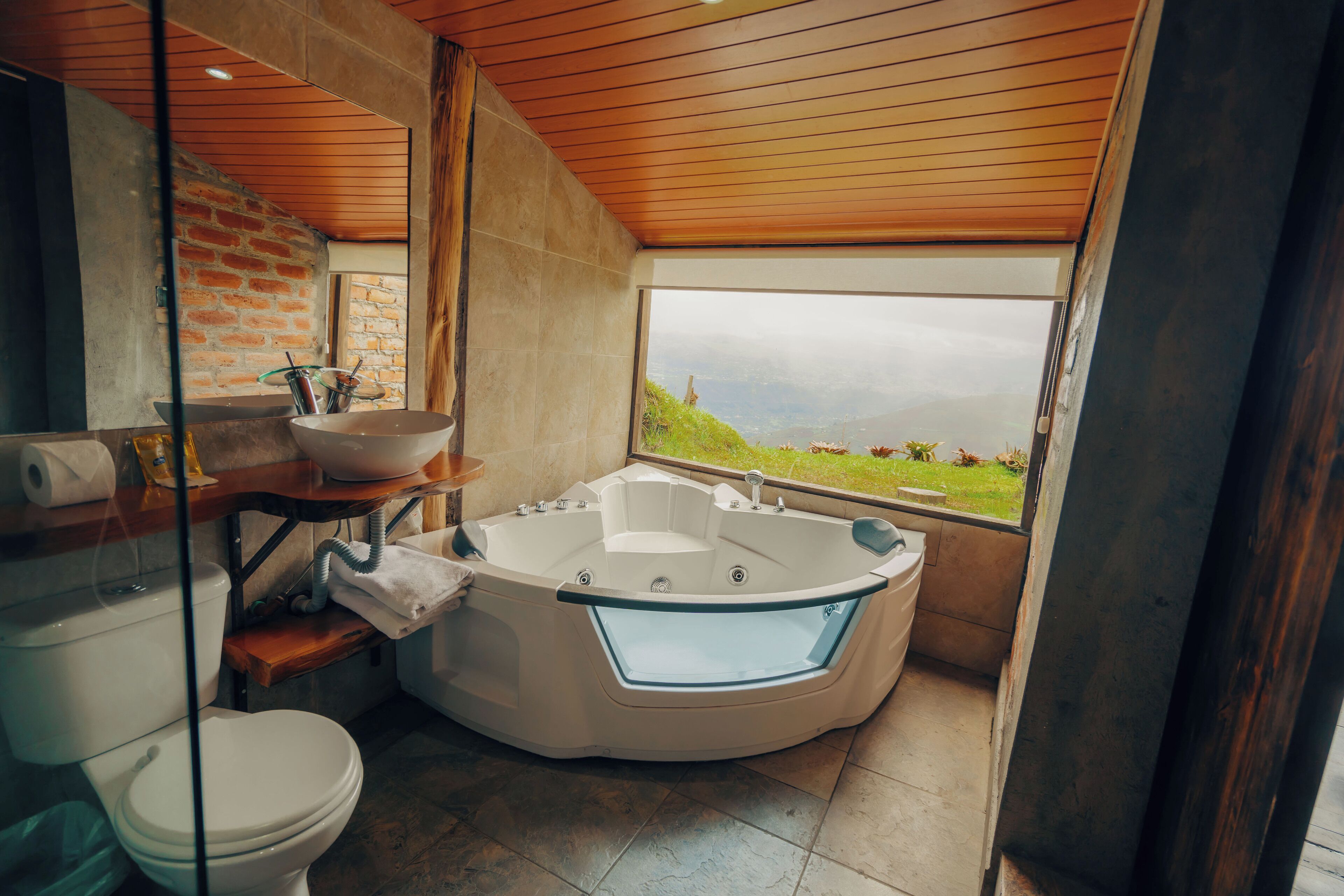 Jetted bath, hair dryer, towels, soap