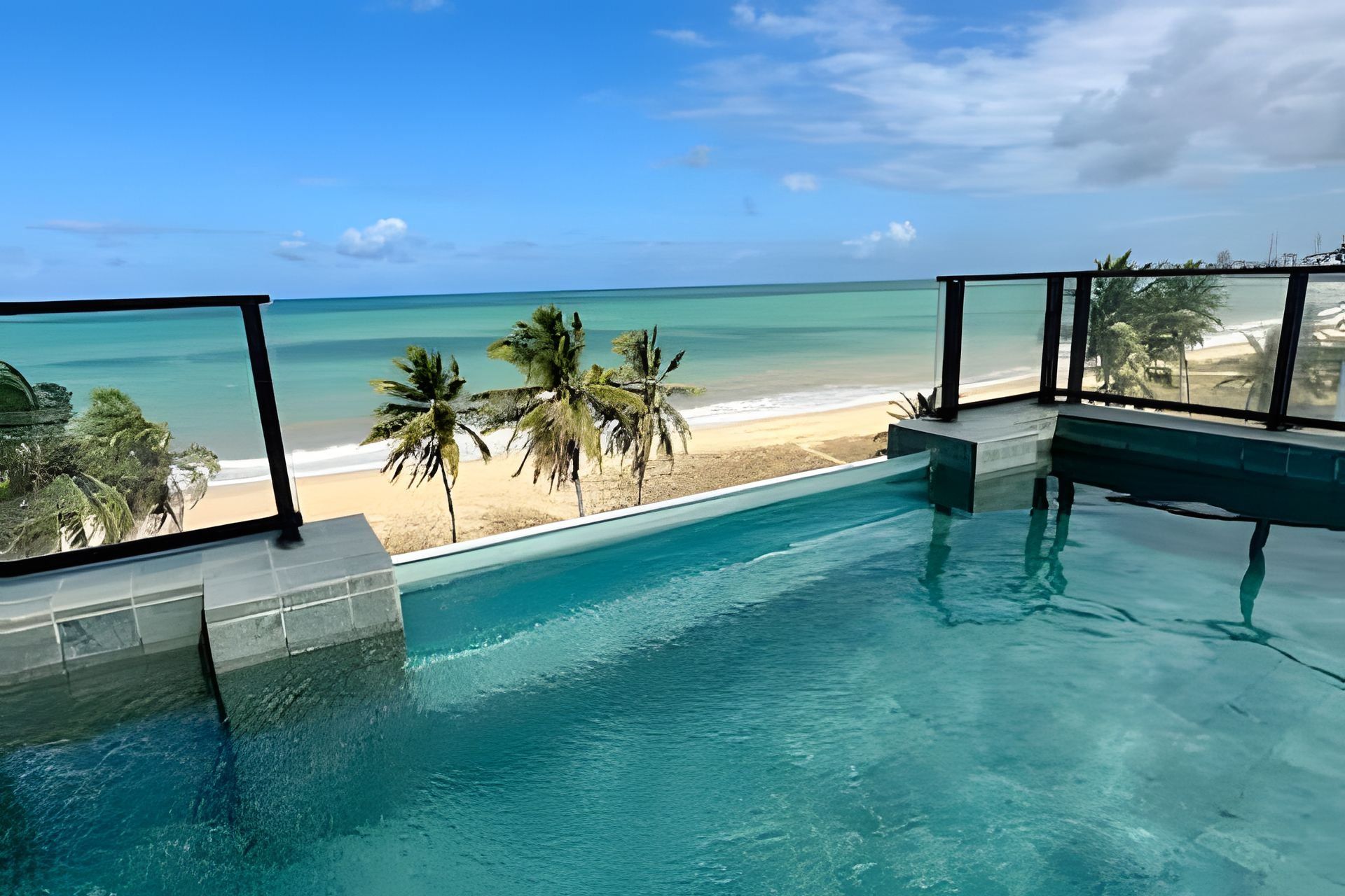 Una piscina infinita con vistas a una playa y palmeras.