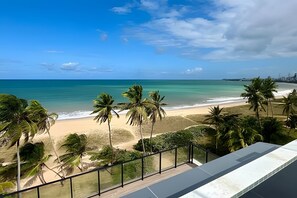 A beach view from a balcony with palm trees and a clear sky.