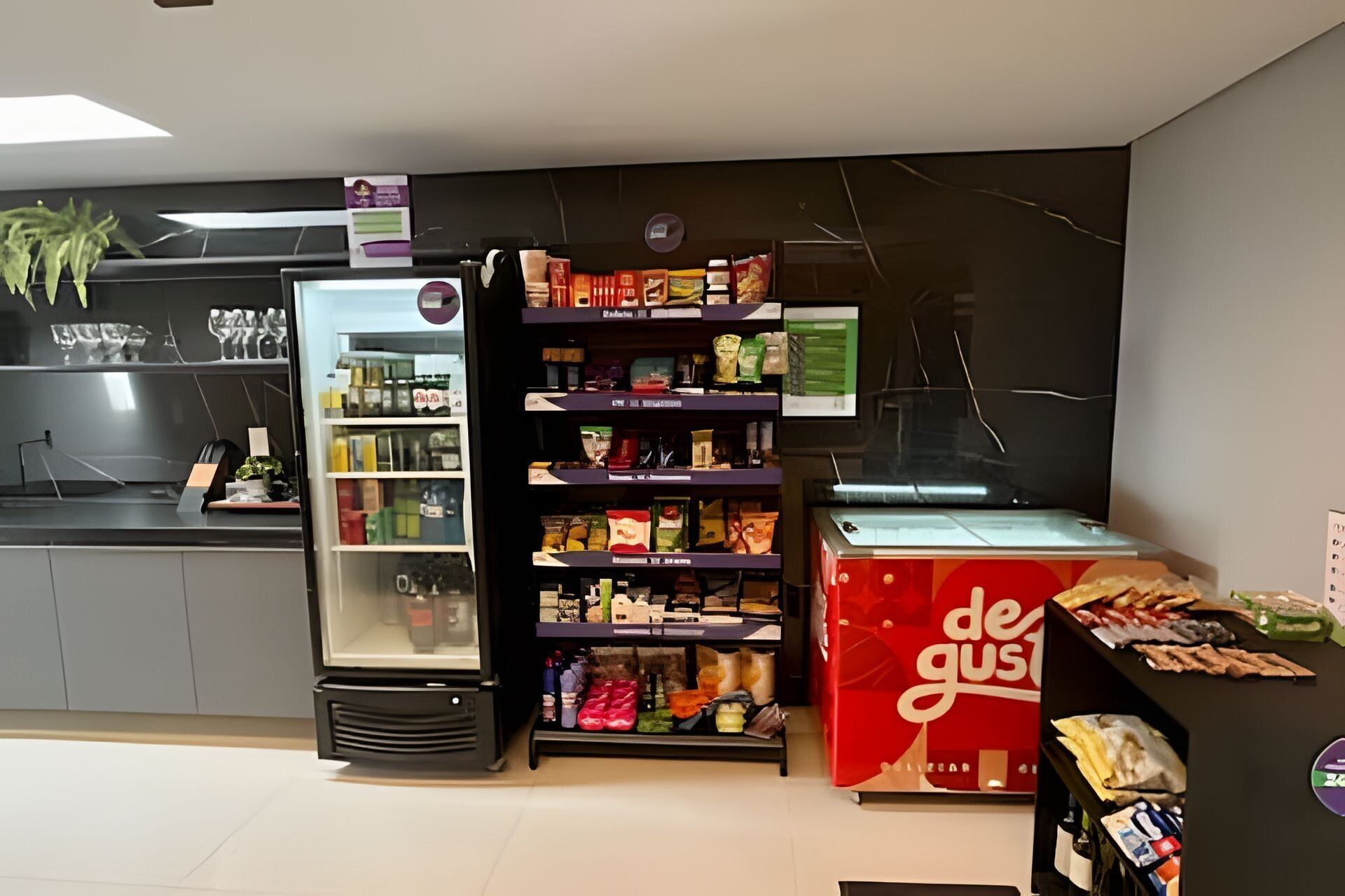 A refrigerated display case, a shelf with packaged goods, and a counter with a plant.