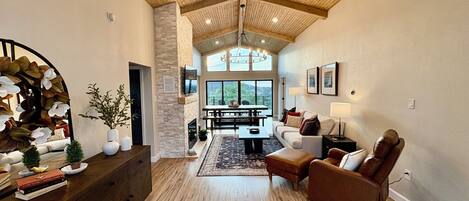 Smart TV, fireplace, video games, DVD player