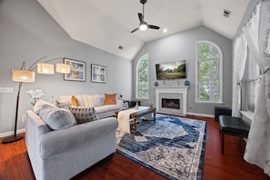 Smart TV, fireplace, books