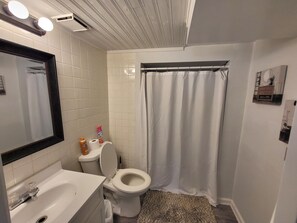 A bathroom with a white sink, toilet, and shower curtain. - Stylish, Modern & Cozy Garden Apartment near Chicago (Beecher)