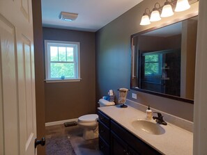 A bathroom with a toilet, sink, and a large mirror.