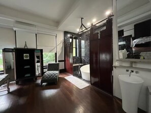 Hair dryer, towels, soap, toilet paper