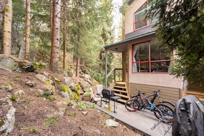 A cabin with a porch, a bicycle, and a grill.