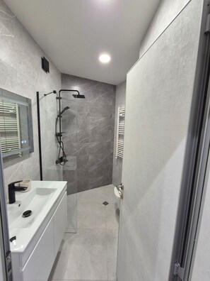 Shower, hair dryer, towels, toilet paper