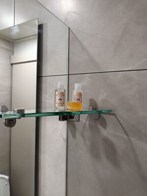 Hair dryer, towels, soap, toilet paper