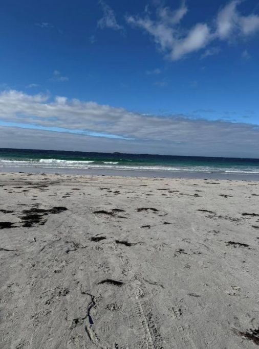 A sandy beach with footprints and a clear view of the ocean under a blue sky.
