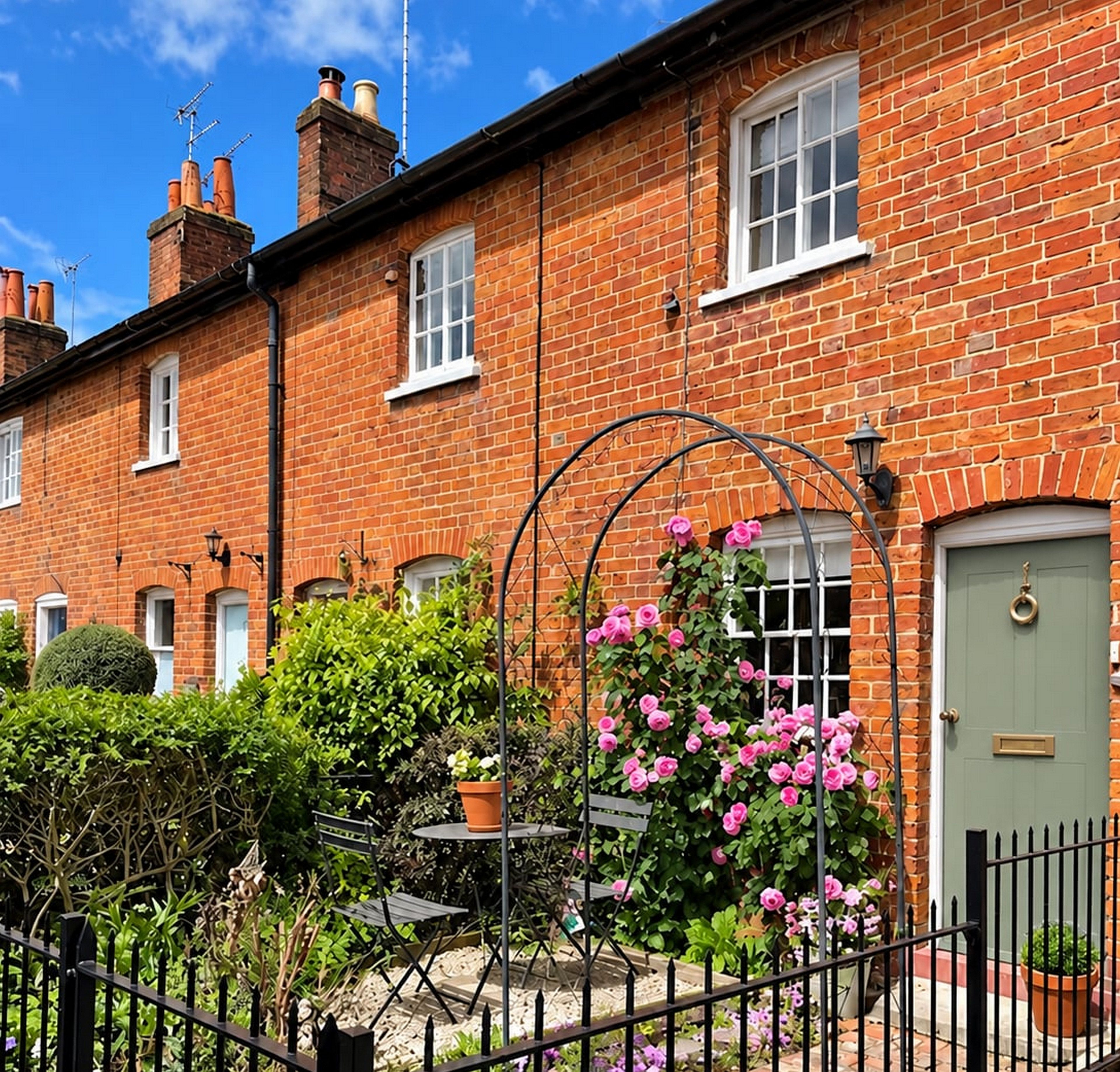 A brick house with a green door, a small garden with pink flowers, and a metal fence.