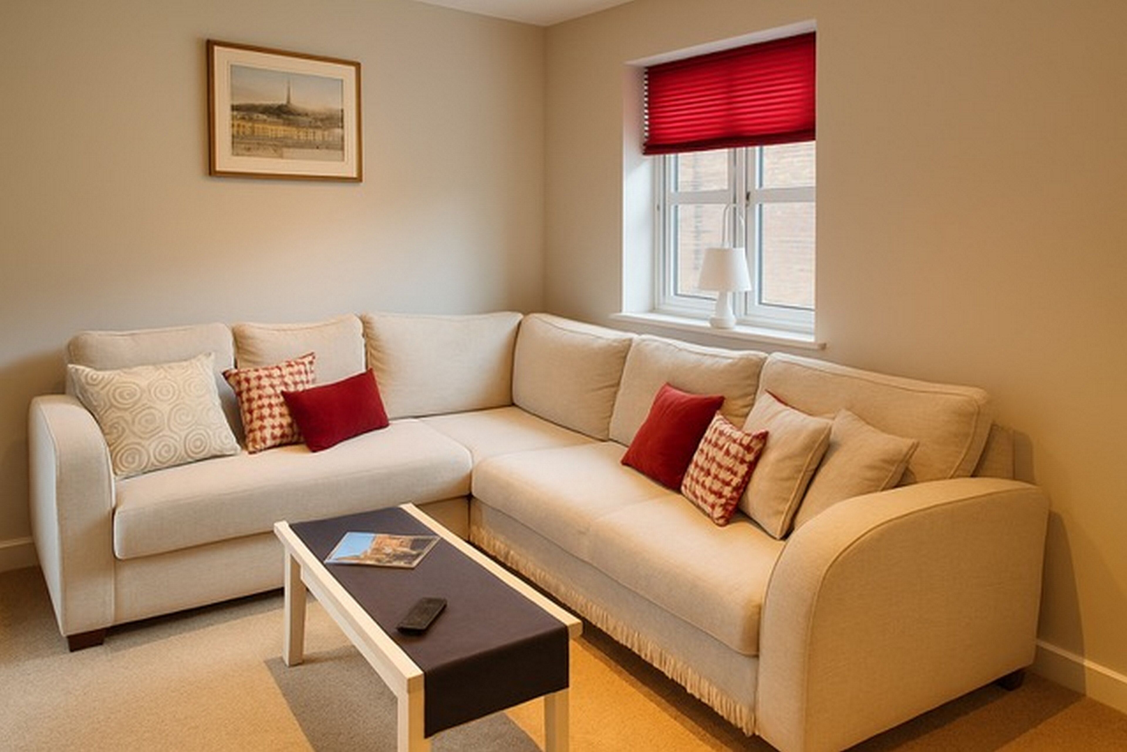 Un salon avec un canapé d’angle beige, une petite table basse, un tableau encadré au mur et une fenêtre avec un store rouge.