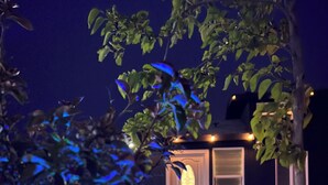 Una casa con la puerta de entrada iluminada, rodeada de árboles y un cielo oscuro.