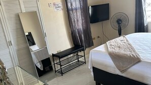 A hotel room with a bed, a desk with a mirror, a TV, a fan, and a window with curtains. - Sea breeze retreat (Falmouth)
