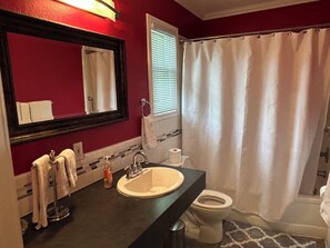 Hair dryer, bidet, towels, soap