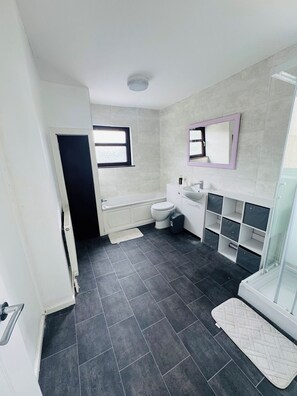 Hair dryer, towels, toilet paper