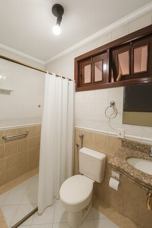 Shower, jetted tub, hair dryer, bidet