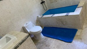 Une salle de bain avec des toilettes, une baignoire et une douche.