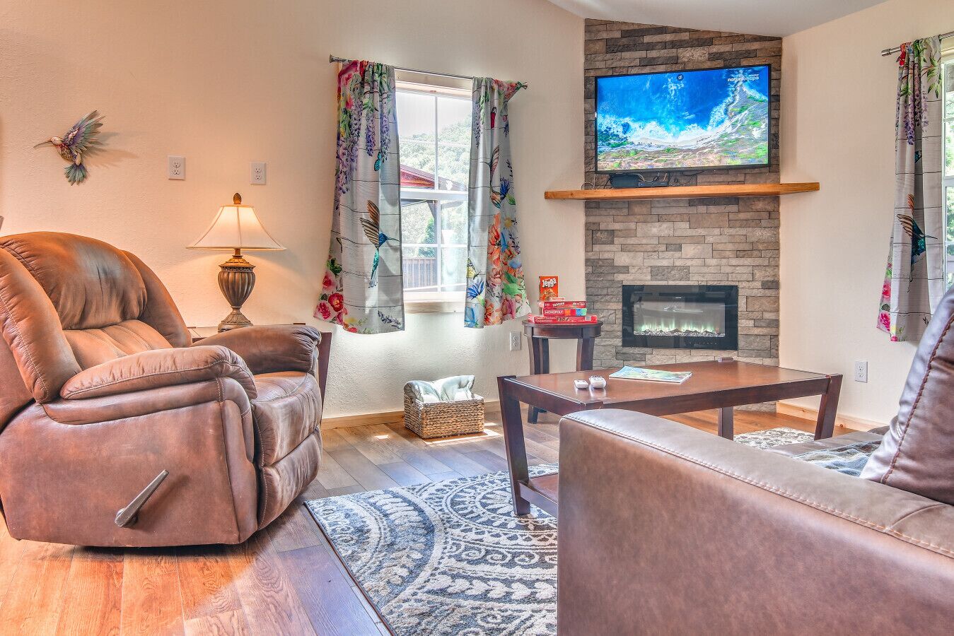 Smart TV, fireplace, books