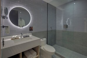 Business Suite with Access to the Gym | Baño | Regadera, secadora de cabello, pantuflas, toallas 