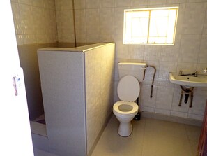 Shower, free toiletries, towels, soap