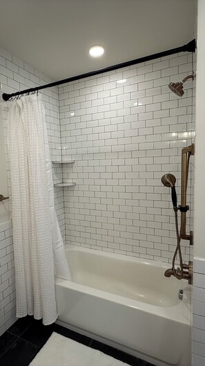 Hair dryer, towels, soap, toilet paper