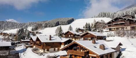 A snow-covered mountain resort with wooden cabins and a ski slope in the background.