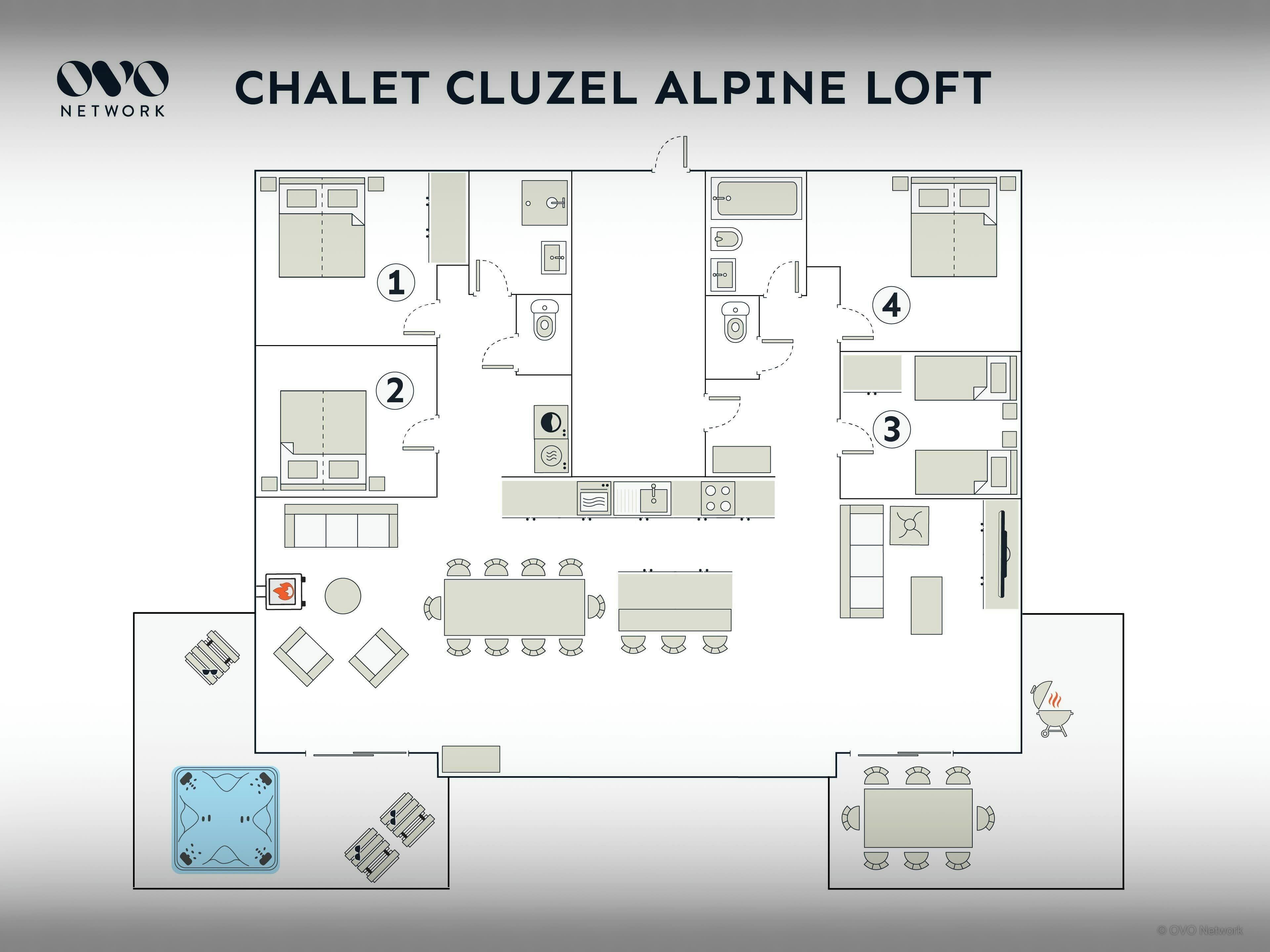 Plan d’étage du Chalet Cluzel Alpine Loft, comprenant une cuisine, un coin repas, deux chambres, une salle de bain et un salon avec cheminée.