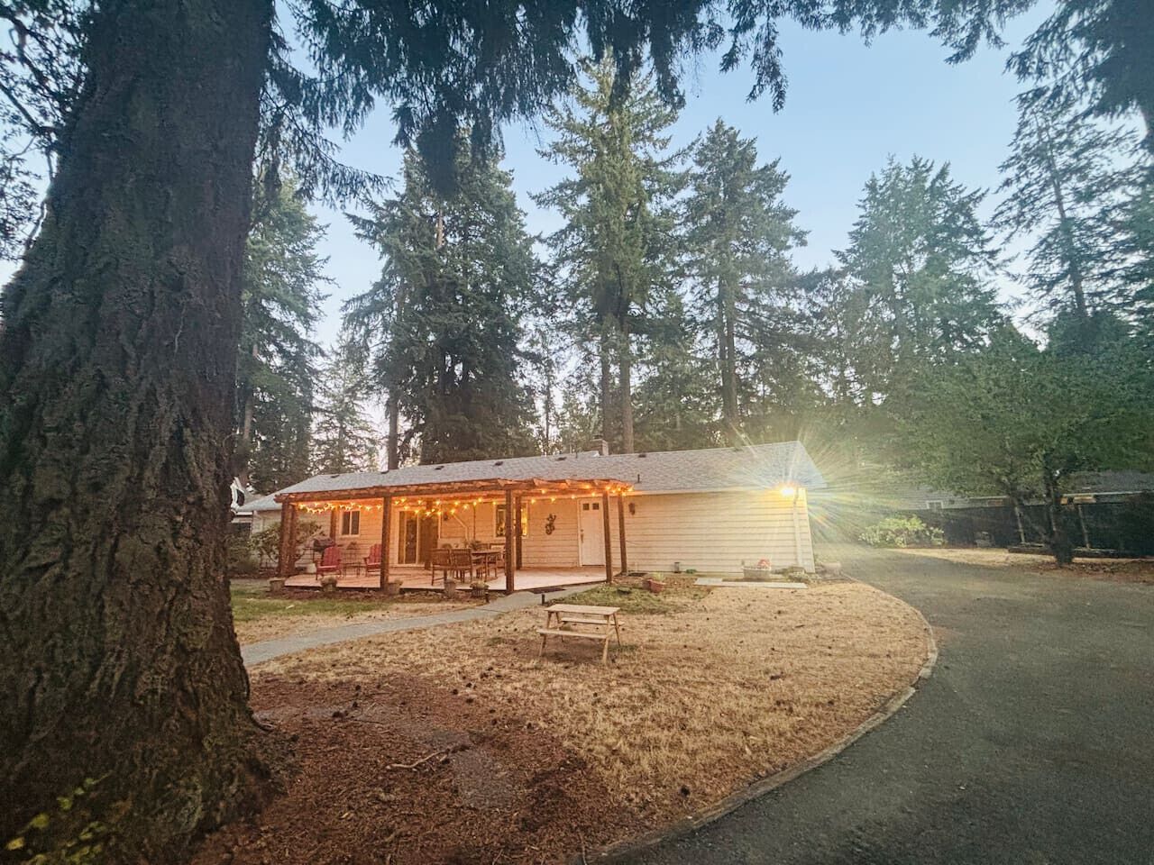 En hytte med veranda, spiseplads og et lille udhus.