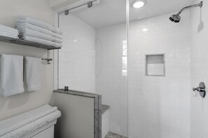 Shower, towels, soap, toilet paper - 4BR Rumson Cottage with Back Porch Water Views, Steps to Beach & Town (Rumson)