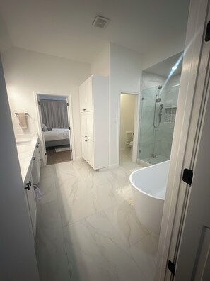 Hair dryer, towels, soap, shampoo