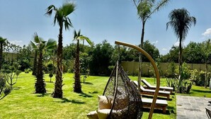 A hanging chair in a lush garden with palm trees and a clear sky. - VILLA HASARD (Tamazouzte)