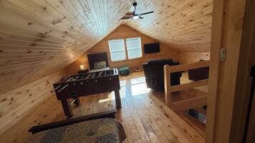 Smart TV, fireplace, foosball