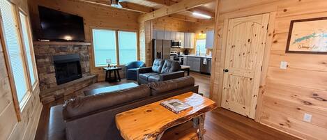 Smart TV, fireplace, foosball