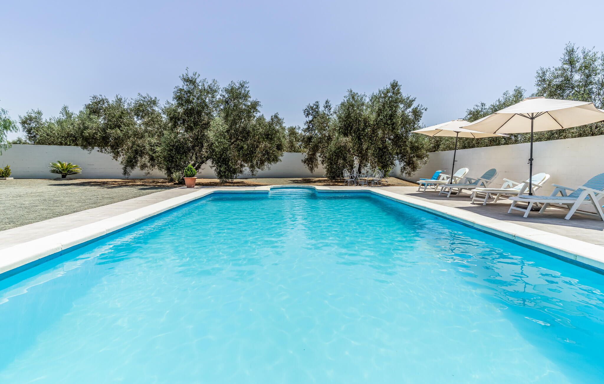 A rectangular swimming pool with clear blue water, surrounded by a white pool deck. There are several white lounge chairs and a beige umbrella providing shade.