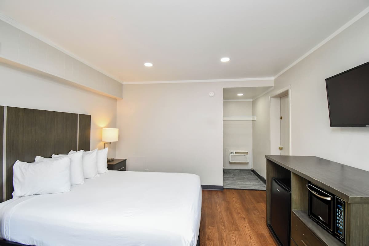 A hotel room with a large bed, a bedside table with a lamp, a built-in microwave, and a TV on the wall.