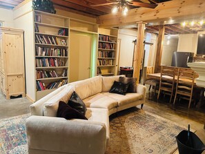 Smart TV, fireplace, books