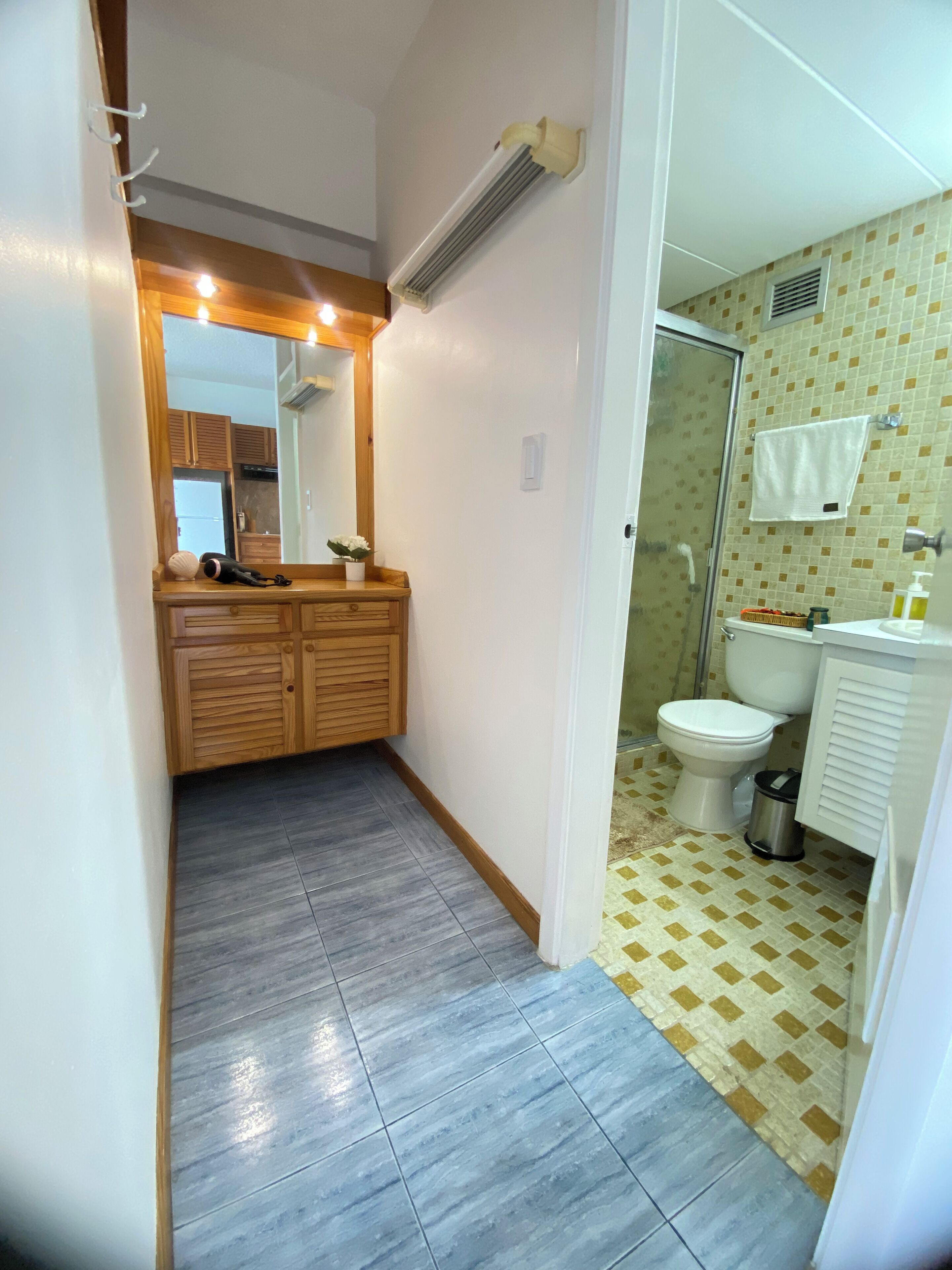 Regadera, secadora de cabello, toallas, jabón 