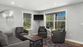 Smart TV, fireplace, books