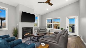 Smart TV, fireplace, books