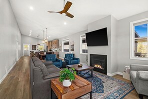 Smart TV, fireplace, books