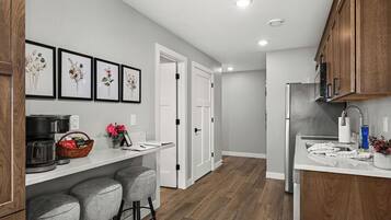 Fridge, microwave, dishwasher, coffee/tea maker