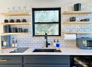 Fridge, microwave, stovetop, coffee/tea maker