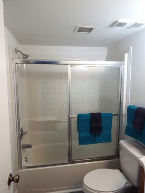 Hair dryer, towels, toilet paper