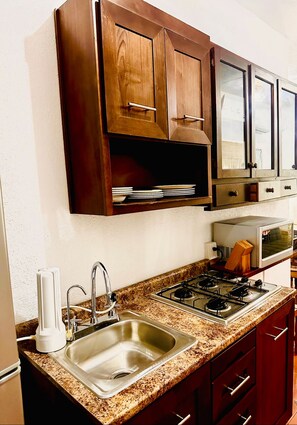Fridge, microwave, oven, stovetop