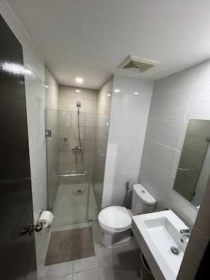 Hair dryer, towels, soap