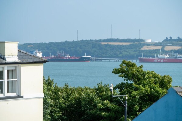 Vista costera con un gran carguero, una embarcación más pequeña y un muelle que se adentra en el agua.