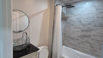 Hair dryer, towels, soap, toilet paper