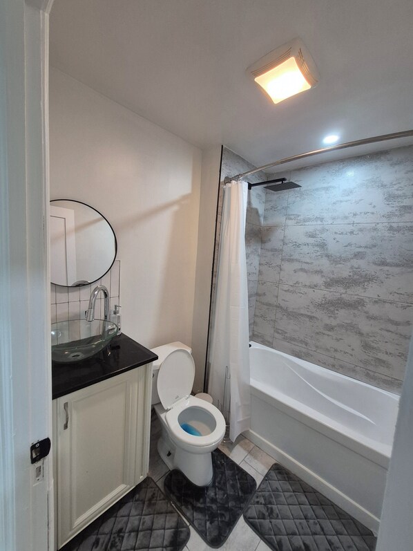 Hair dryer, towels, soap, toilet paper